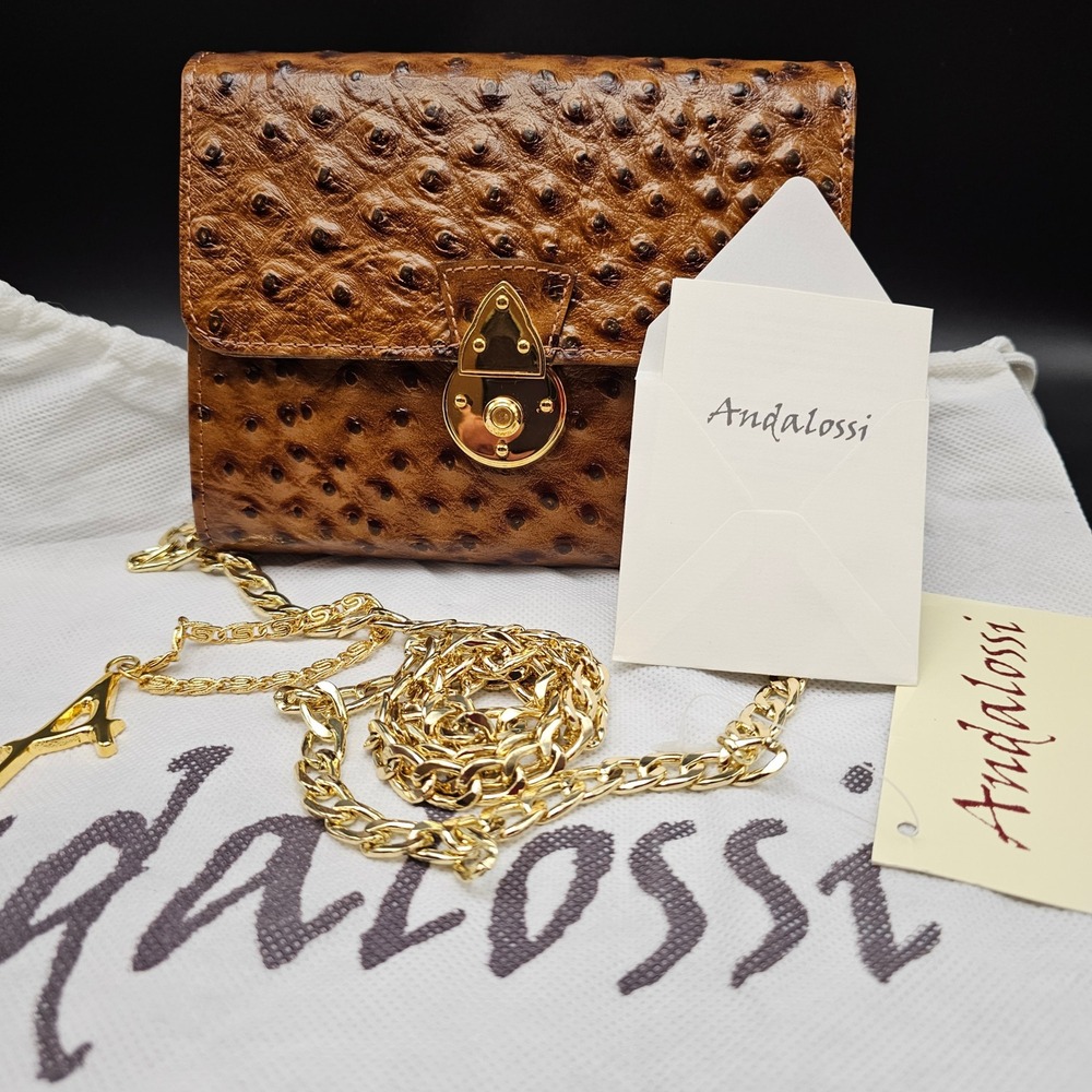 Andalossi Ostrich Embossed Leather Crossbody Flap Chain Shoulder Bag‎ Gold Tan - Picture 16 of 16